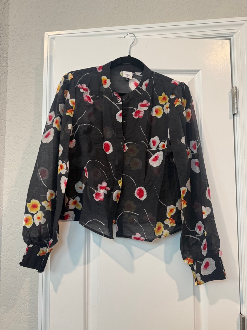 CAbi Sheer Black Floral Button-Front Blouse with Pink and Red Accents